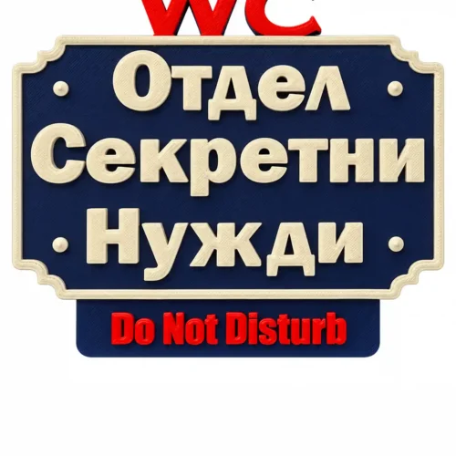 Табела WC с надпис Не безпокойте Забавна табелка за WC „Отдел секретни нужди“ – тъмносин фон, кремави букви и червен надпис Do Not Disturb