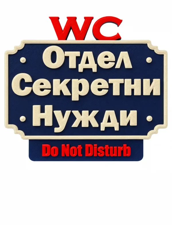 Табела WC с надпис Не безпокойте Забавна табелка за WC „Отдел секретни нужди“ – тъмносин фон, кремави букви и червен надпис Do Not Disturb